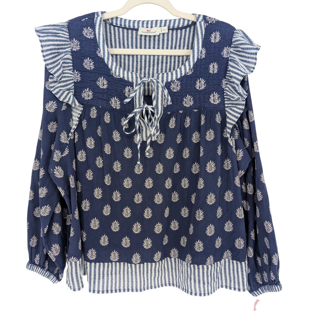 Vineyard Vines Ruffle Blouse Womens‎ XL Blue Leaf Print Tie Neck Coastal Boho